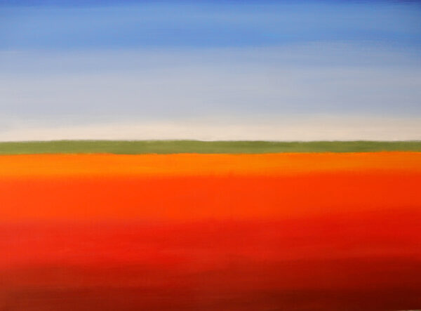 Abstract Experiment in Colour is a streamlined 50x30cm acrylic on board that beautifully illustrates a perfectly "layered strategy." This vibrant composition stacks bold horizontal tiers of fiery red, energetic orange, and stabilizing green beneath a clear blue sky.