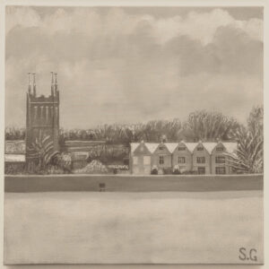 This evocative Mells Manor and Church painting is a 40x40cms acrylic on canvas that captures a quiet, wintry Christmas scene.