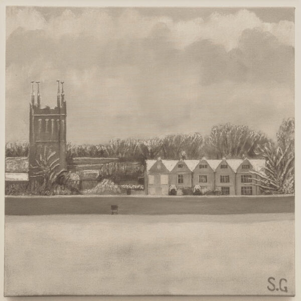 This evocative Mells Manor and Church painting is a 40x40cms acrylic on canvas that captures a quiet, wintry Christmas scene.