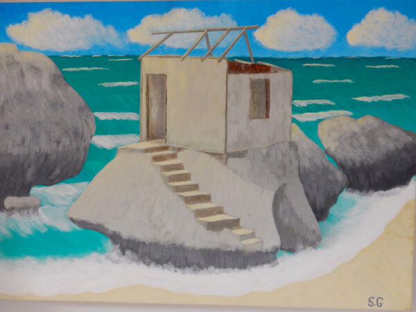 he Old Fisherman’s Hut, Bathsheba Barbados is a captivating acrylic on canvas measuring approximately 40 x 30cms. Painted in a charming naïve style, this piece depicts a weathered, roofless hut perched atop the iconic rock formations of Bathsheba.