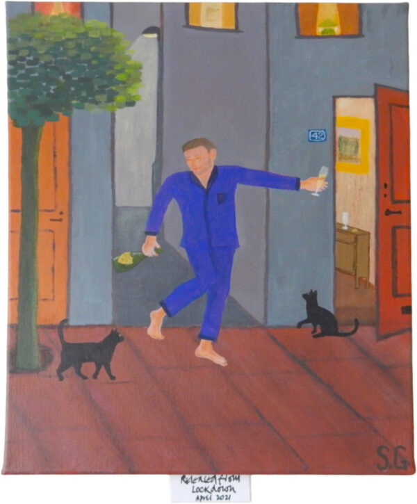 Release from Lockdown is a charming and relatable 40x30cms acrylic on canvas that captures a moment of joyful celebration. The painting depicts a figure in blue pajamas dancing barefoot on a sidewalk with a bottle and glass in hand, flanked by two black cats.