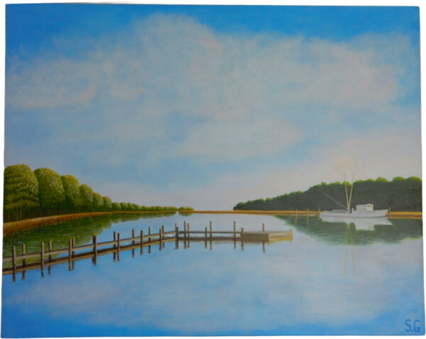 Sleepy Fishing Village in South Carolina is a large-scale 100x80cms acrylic on canvas.