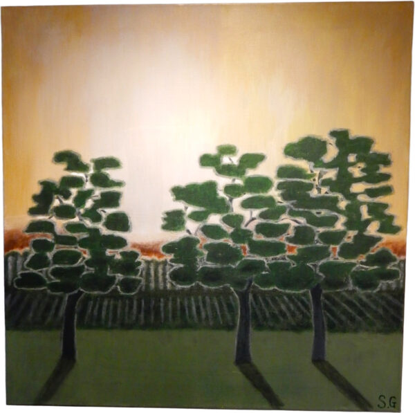 The Sunrise acrylic on canvas, measuring approximately 40x30cms, is a serene landscape that captures the first light of day. The composition features three stylized green trees casting long, dramatic shadows across a quiet foreground.