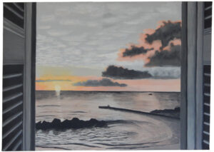 Atmospheric painting, titled Sunset, West coast, Barbados, is an acrylic on canvas measuring approximately 40x30cms. Viewed through the open shutters of the Fish Pot Restaurant, the scene captures the sun dipping below the horizon, casting a warm yellow and pink glow across a dramatic, cloud-filled sky.