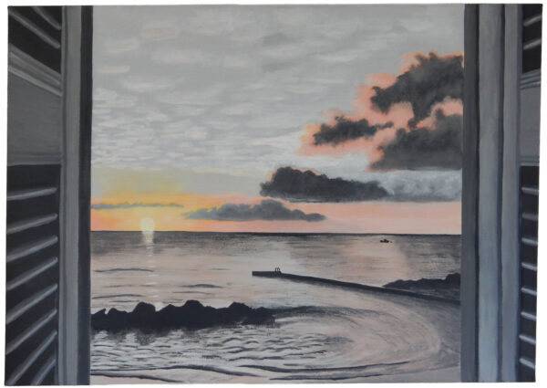 Atmospheric painting, titled Sunset, West coast, Barbados, is an acrylic on canvas measuring approximately 40x30cms. Viewed through the open shutters of the Fish Pot Restaurant, the scene captures the sun dipping below the horizon, casting a warm yellow and pink glow across a dramatic, cloud-filled sky.