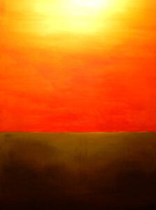Surface of Mercury, a striking 70x45cms acrylic on board. This abstract composition uses a dramatic gradient of fiery oranges, glowing yellows, and deep, shadowed ochres to envision a desolate planetary landscape.