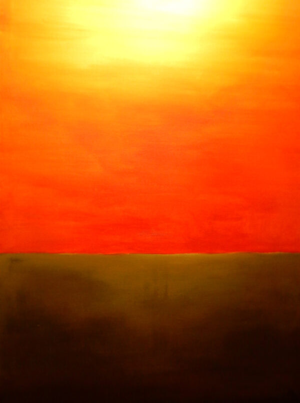 Surface of Mercury, a striking 70x45cms acrylic on board. This abstract composition uses a dramatic gradient of fiery oranges, glowing yellows, and deep, shadowed ochres to envision a desolate planetary landscape.