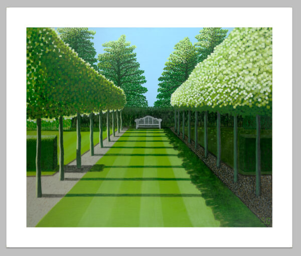 The Lutyens Bench is an expansive 100x80cms acrylic on canvas that showcases a perfectly "hedged" investment in landscape architecture.
