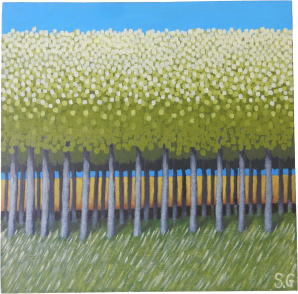 The View across the Canal du Midi, France is a vibrant 40x40cms acrylic on canvas that captures the rhythmic beauty of the French countryside.