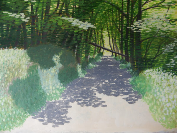 Walk to the Mells Old Iron Works is a refined 30x20cm acrylic on paper that masterfully illustrates a "path to success" through dappled shade and vibrant greenery.