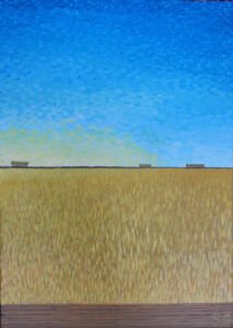 Wheat Field is a high-yielding 70x35cm acrylic on board that beautifully illustrates a "growth mindset." This impressionistic landscape features an expansive horizon of golden grain, meticulously pointillized to represent a diversified set of agricultural assets