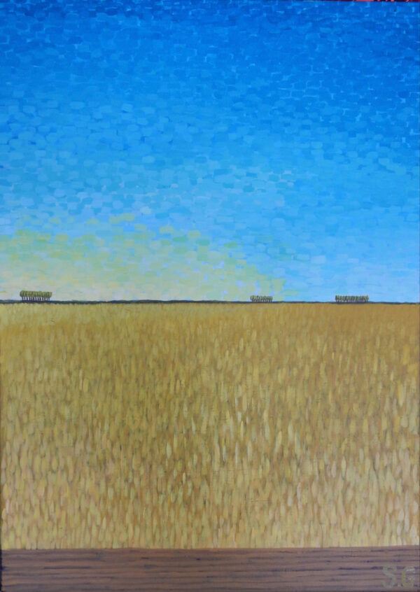 Wheat Field is a high-yielding 70x35cm acrylic on board that beautifully illustrates a "growth mindset." This impressionistic landscape features an expansive horizon of golden grain, meticulously pointillized to represent a diversified set of agricultural assets