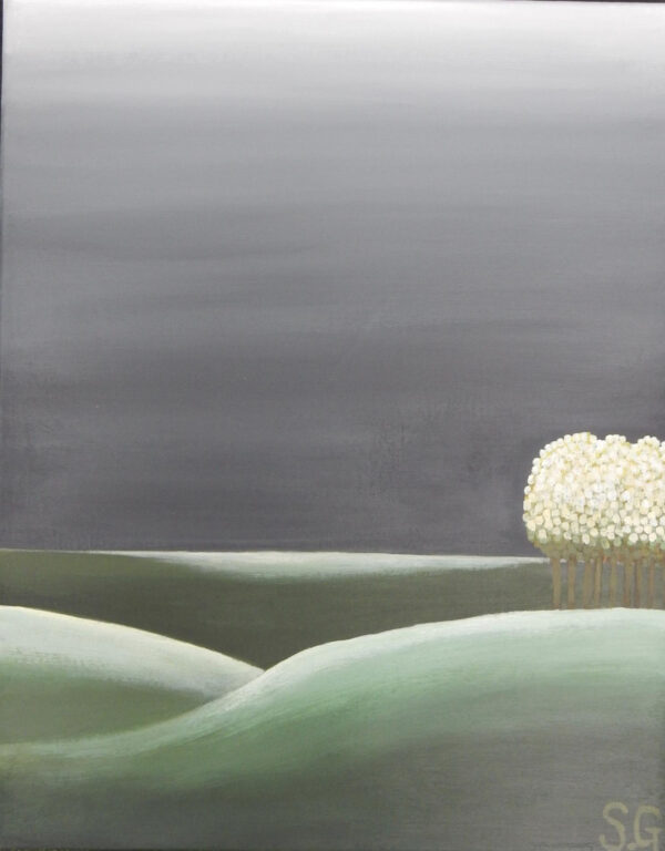 Winter Light is a monumental 600x350cms acrylic on canvas that perfectly captures the "frozen assets" of a minimalist landscape.